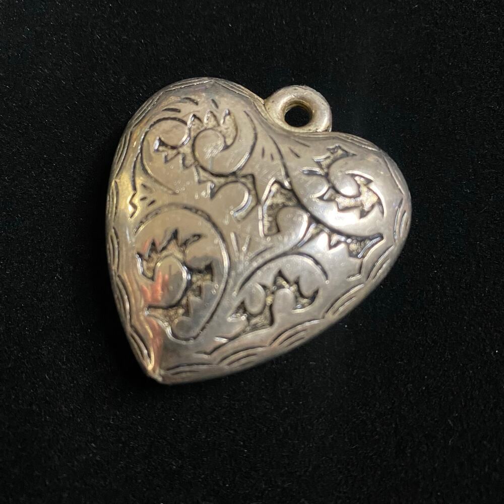 Large Puffy Heart Pendant Silver Tone Etched Scroll Engraved Statement 1.75"